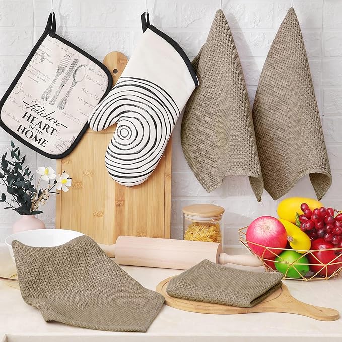 Homaxy 100% Cotton Waffle Weave Kitchen Dish Cloths 8-Pack, Tan | 12 x 12 Inches, Ultra Soft Absorbent Dish Towels, Quick Drying Dish Rags with Hanging Loop