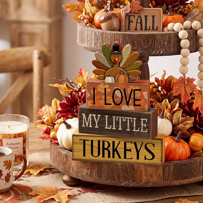 Lineshading 4 Pcs Thanksgiving Block Signs, I Love My Little Turkeys Wood | Farmhouse Tabletop Decor with Turkey Topper, Rustic Tiered Tray Decorations, Stacked Signs for Fall Autumn Mantel Table