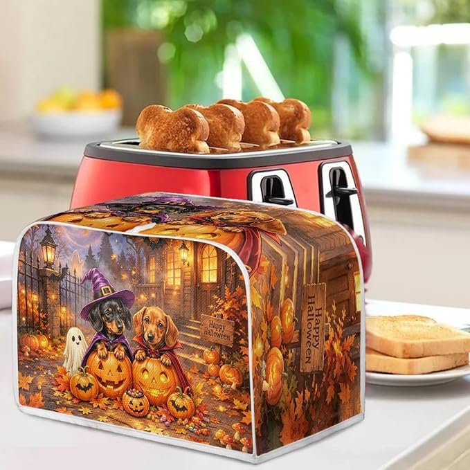 Dachshund Print Bread Machine Cover Pumpkin Ghost Print Toaster Cover 4 Slice Wide Slot Small Kitchen Appliance Covers for Halloween Decorations