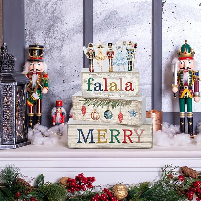 Lineshading 4 Pcs Wooden Nutcracker Block Signs Christmas Farmhouse Decor | Nutcracker Ballet Theme, 3-tiered Stackable Blocks, Rustic Wood Finish for Mantel Shelf Tabletop, Vintage Home Accents