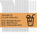 Foogwee® 20 Packs Reusable Glass Straws Set, 10'' x 10mm Clear Drinking Straws for Smoothies, Shakes, Coffee, Juice, Sodas, Milk, Tea, Cocktails, Set of 8 Straight and 8 Bent with 4 Cleaning Brushes
