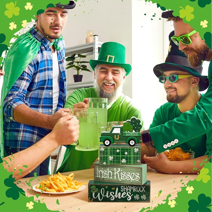 Lineshading 4 Pcs Wooden Shamrock Tiered Tray Decor St Patrick Block Signs | Green Truck Topper with Irish Kisses Blocks, Rustic Farmhouse Tabletop Decorations for Home, Stackable Display