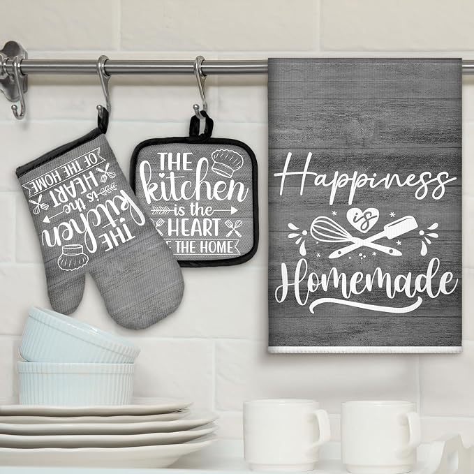Sratte 6 Pcs Kitchen Decor Accessories Set, Kitchen, Dark Gray Wood | Farmhouse Kitchen Towels Pot Holders Oven Mitts Set 2 Dish Towels 2 Potholders 2 Cooking Mittens for Baking Cooking Supply