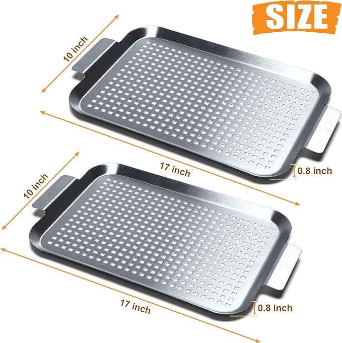 Grill Pan Set of 2, BBQ Grill Topper for Outdoor Grill, Middle | Stainless Steel Grilling Baskets with Holes and Handles, Perforated Food Tray Barbecue Accessories for Vegetable, Fish