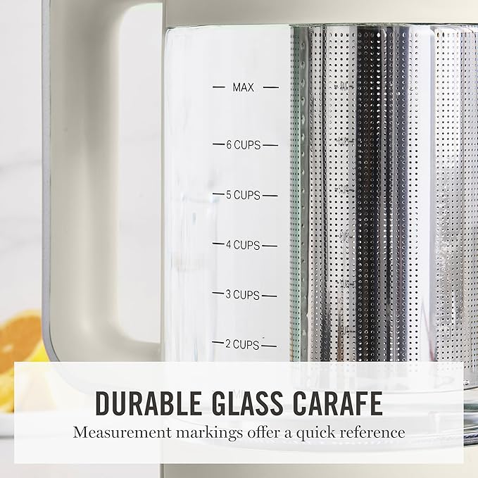 Martha Stewart 1.7L Glass Carafe Electric Kettle with Removable Tea Infuser | 7 Cups, 4 Presets, Rapid Boiling, Stainless Steel Tea Leaf Infuser, Cordless Swivel Base, Keep Warm, Auto Shut-Off, Linen