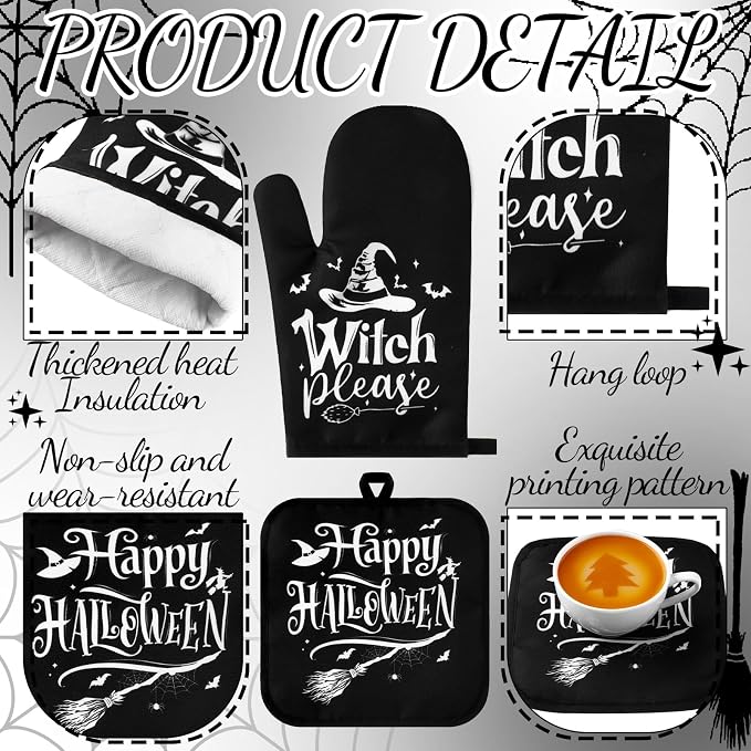 Fanfanwin 10 Pcs Halloween Kitchen Decor Accessories Set Witch Style | Halloween 4 Kitchen Towels 2 Pot Holders 2 Oven Mitts 2 Rugs Set, for Baking Cooking BBQ Autumn Home Decor Holiday Gifts