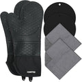 Silicone Oven Mitts 15'' Heat Resistant Flexible Oven Glove Set Hot Mitts with Soft Cotton Lining for Cooking, Baking, and Grilling (Black Mitts+potholders+Kitchen Towels, 15'')