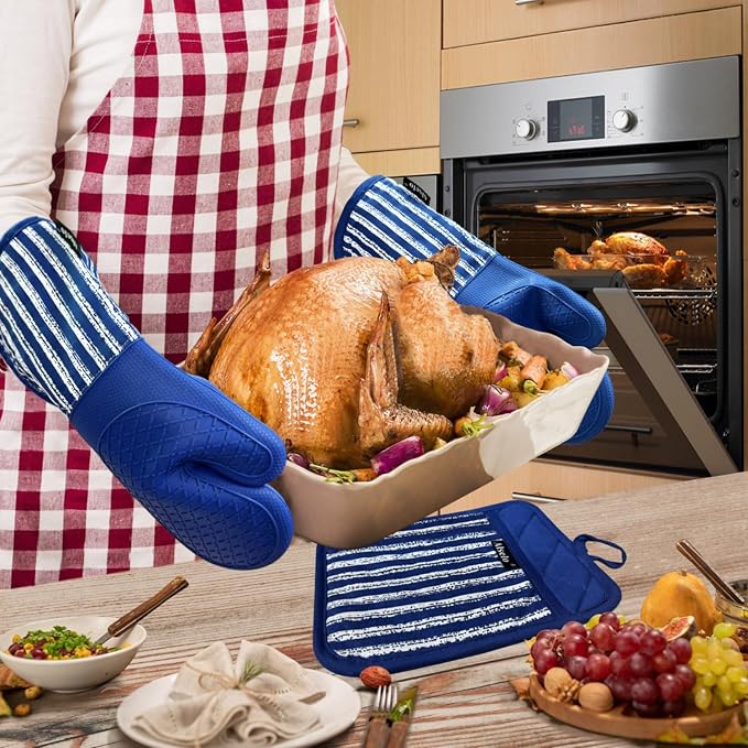 Alselo Silicone Oven Mitts Heat Resistant 932℉ with Waterproof & Non-Slip | Kitchen Mittens Set of 2,Extra Long 7.5"x15" Oven Gloves with Soft Cotton Terry Lining for Baking Cooking BBQ(Cobait Blue,2)