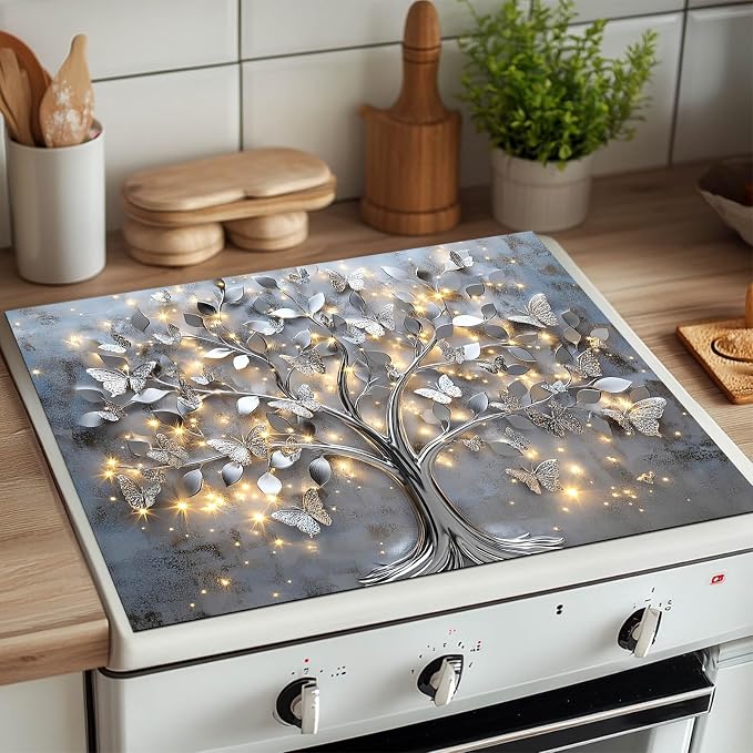 HOMETITUTE Silver Butterfly Tree Stove Top Cover 28x20 Diatomite Mat