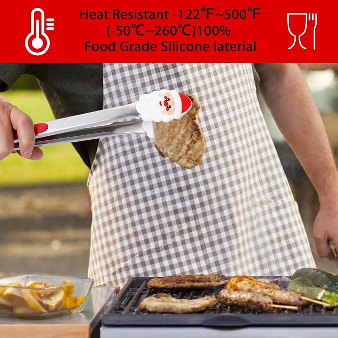 Kitchen Tongs, Food-Grade Silicone Tips with Christmas Design | Dishwasher safe, Premium Stainless Steel, Heat Resistant 500ºF, 9'' and 12''