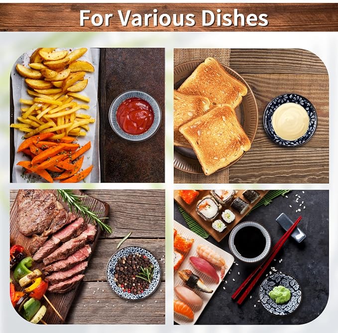Eisinly 6 Pack Dipping Bowls,3 OZ Small Ceramic Soy Sauce Dish,Vintage Blue | 4 Inch, Blue-white Glaze, Shiny, Safe, Dishwasher Safe, for Seasonings, Sushi & BBQ