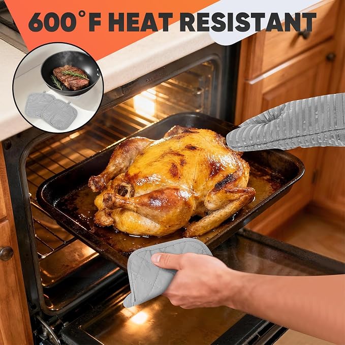 Oven Mitts Kitchen Towels and Dishcloths with Pot Holders Sets, Oven Gloves Hot Pads 500°F Heat Resistant with Silicone Grip, Include 2 Cooking Gloves/2 Potholders/4 Kitchen Towels/4 Dish Towels-Gray
