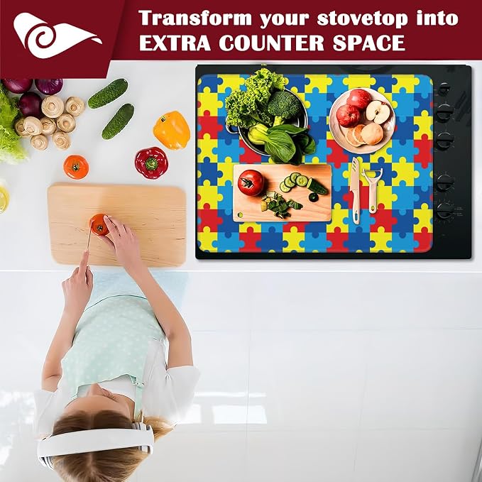 Electric Stove Top Cover Protector,Autism Awareness Puzzle Glass Flat Top Stove Mat,Heat-Resistant Oven Induction Cooktop Mat for Ceramic Countertop Mats Dish Drying Mat