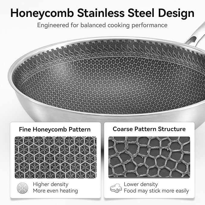 12.2 Inch Stainless Steel Honeycomb Wok Pan with Glass Lid, 3-Ply 18/10 Stainless Steel Stir Fry Pan, Flat Bottom Wok for Induction, Gas, Electric and Glass Stoves, 4.2 QT