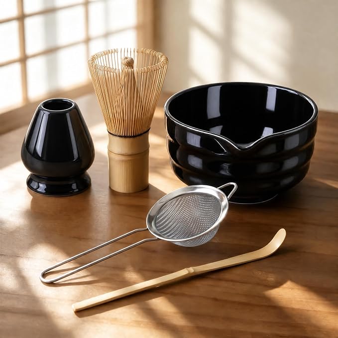 Matcha Whisk Set with Modern Black Ceramic Bowl - Japanese Tea Ceremony Essentials, Includes Bamboo Whisk (Chasen), Holder, Matcha Powder Sifter, Scoop, Complete Preparation Kit