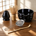 Matcha Whisk Set with Modern Black Ceramic Bowl - Japanese Tea Ceremony Essentials, Includes Bamboo Whisk (Chasen), Holder, Matcha Powder Sifter, Scoop, Complete Preparation Kit