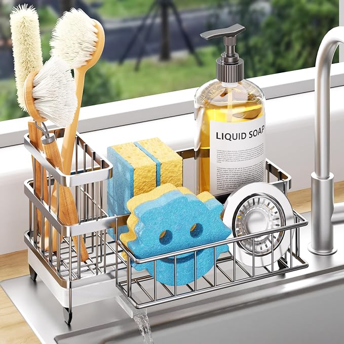 Consumest Sponge Holder for Kitchen Sink - Auto Draining Sink Caddy Organizer with Detachable Rack, High Brush Holder, Kitchen Countertop Storage Accessories, Silver