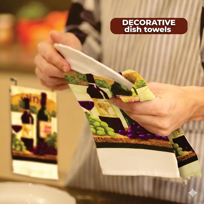 Wine Lover's 5-Piece Kitchen Towel Set | Kitchen Towel Set with 2 Decorative Dish Towels (25 X15), 1 Oven Mitt (11 X 7) and 2 Potholders (6.5 X 6.5)