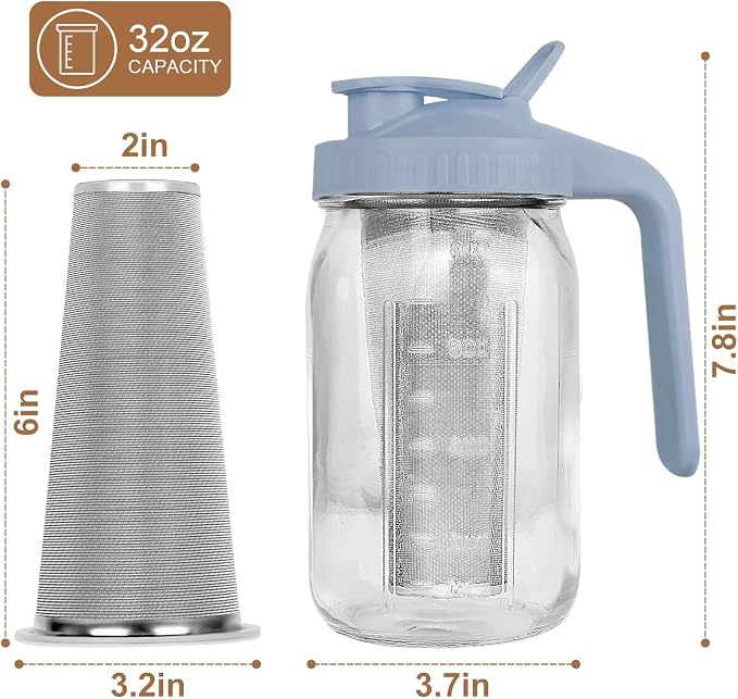 Cold Brew Coffee Maker, 32 oz Mason Jar Pitcher with Stainless Steel Filter, Pour Spout Handle Lid, Heavy Duty Glass Airtight & Leak-Proof for Iced Coffee,Tea & Lemonade