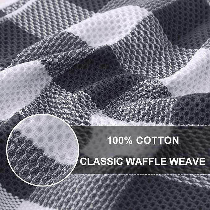 Homaxy Kitchen Towels and Dishcloths Set, Set of 8, White & Dark Grey | Bulk Cotton Waffle Weave Check Plaid Kitchen Towels, Super Soft and Absorbent Dish Cloths, 12 x 12 and 13 x 28 Inches