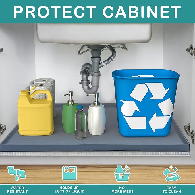 URMONA Waterproof Silicone Under Sink Mat 25'' x 22'' Shelf Liner for Kitchen and Bathroom, Cabinet and Counter Protector, Storage and Organizers, Litter Mat, Pet Cat Puppy Essentials(Khaki)