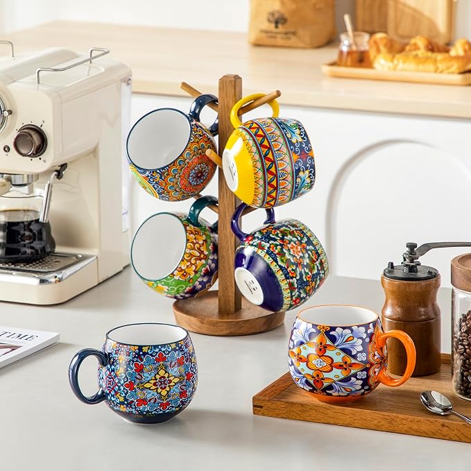 vancasso Coffee Mugs Set of 6, 18oz Ceramic Coffee Cups, Colorful | Porcelain Coffee Mugs for Cappuccino, Latte, Espresso, Bohemian Mugs with Handle for Daily Use, Microwave & Dishwasher Safe