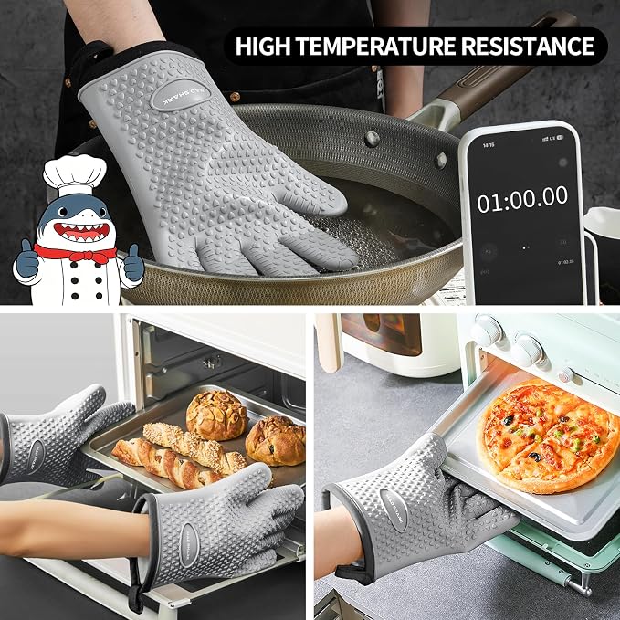 MAD SHARK Silicone Oven Mitts with Fingers Heat Resistant 450°F in Kitchen | Waterproof & Non-Slip Oven Gloves,Cotton Lined Silicone Kitchen Mitts for Baking Cooking Barbecue,Women (Grey)