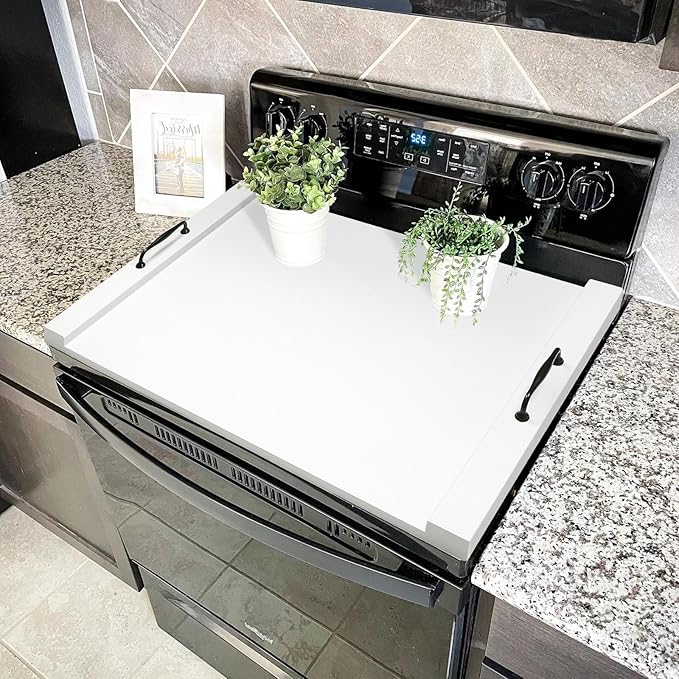 GASHELL Noodle Board Stove Cover with Handles for Electric, Gas Stove Top | 100% Bamboo, White, Increases Countertop Space, Multi-purpose, used as Charcuterie Board, Serving Tray, Turkey Board