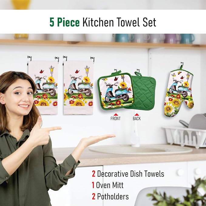 Sunflowers & Butterflies & Blue Scooter, 5 Piece Set | Kitchen Towel Set with 2 Decorative Dish Towels (25 X15), 1 Oven Mitt (11 X 7) and 2 Potholders (6.5 X 6.5)