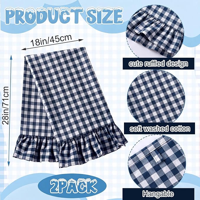 HunnmingRe 2 Pcs Navy Blue Gingham Kitchen Towels Cotton Ruffled | Checked Dish Towels 18"x28" Tea Cloths Plaid Cottage Core Kitchen Decor for Farmhouse Charm Drying Dishes Entertaining Guests