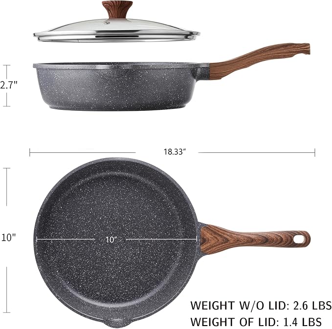 SENSARTE Nonstick Skillet, Deep Frying Pan 10/11/12-inch, Saute Pan with Lid, Stay-cool Handle, Healthy Stone Cookware Cooking Pan, Induction Compatible (10-Inch/3.5QT)