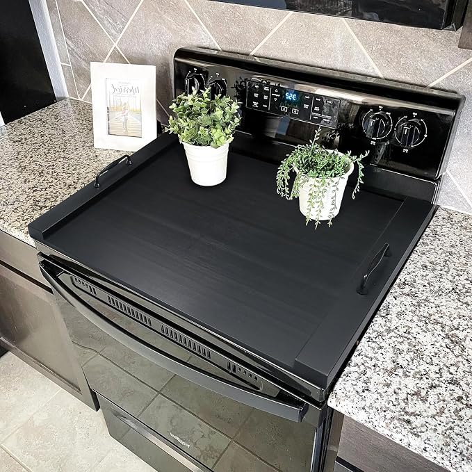 GASHELL Noodle Board Stove Cover with Handles for Electric, Gas Stove Top | 100% Bamboo, Black, Increases Countertop Space, Multi-purpose, used as Charcuterie Board, Serving Tray, Turkey Board