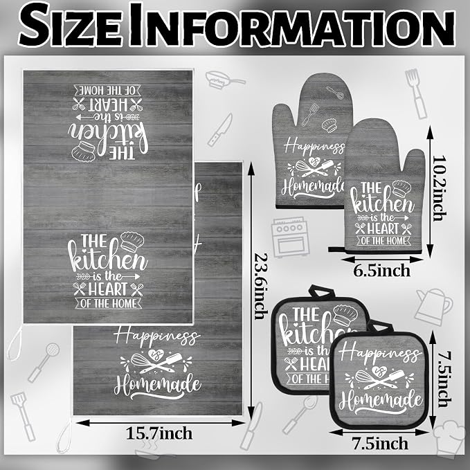 Sratte 6 Pcs Kitchen Decor Accessories Set, Kitchen, Dark Gray Wood | Farmhouse Kitchen Towels Pot Holders Oven Mitts Set 2 Dish Towels 2 Potholders 2 Cooking Mittens for Baking Cooking Supply