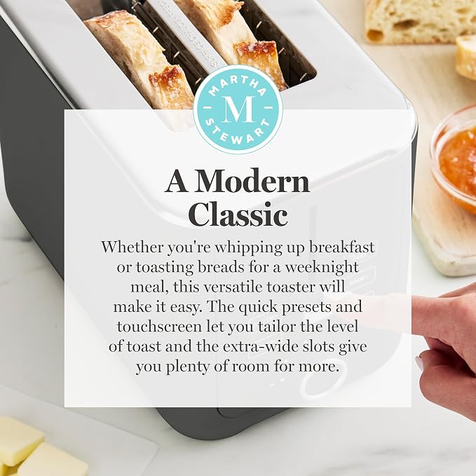 Martha Stewart 2-Slice Toaster, 3 Presets & 10 Shade Settings, Caviar Gray | Gluten-Free, Bagels, Extra-Wide Self Centering Slots, Waffles & Artisan Bread, Shade Memory, Cord Wrap & Removable Crumb Tray