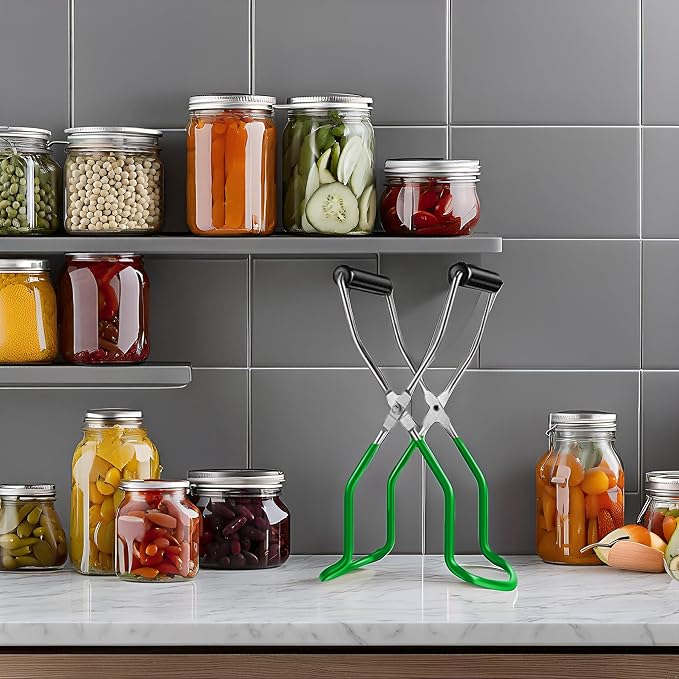 Canning Jar Lifter Tongs - Stainless Steel Jar Lifter with Rubber Grips | Slip Wide-Mouth Clip for Kitchen Restaurant, Green