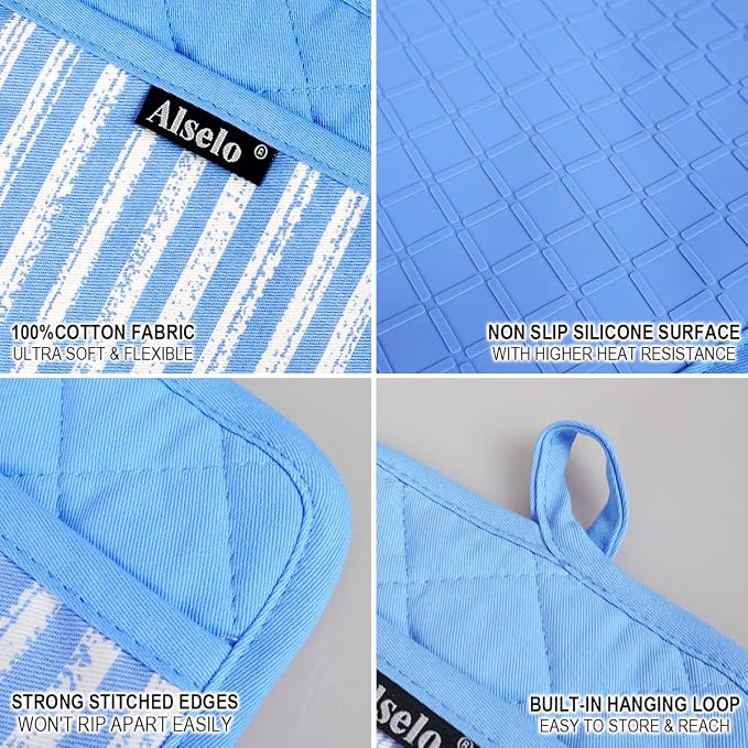 Alselo Silicone Pot Holders Set of 3 Heat Resistant & Non Slip Potholders | Professional Oven Hot Pads with Pockets Mitts for Kitchen Cooking Baking Barbecue (Blue, 3)