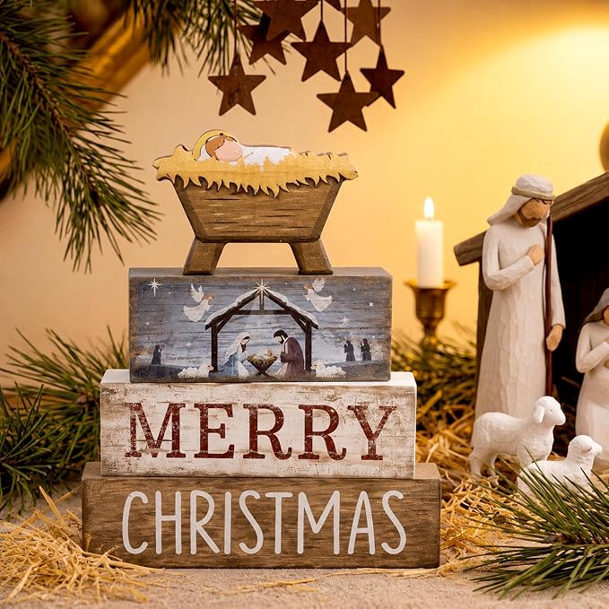 Lineshading 4 Pcs Nativity Christmas Wooden Block Signs Farmhouse Decor | Stackable Manger Scene Blocks for Tiered Tray Mantel, Rustic Farmhouse Tabletop Decorations, Birth of Jesus Holiday Gift