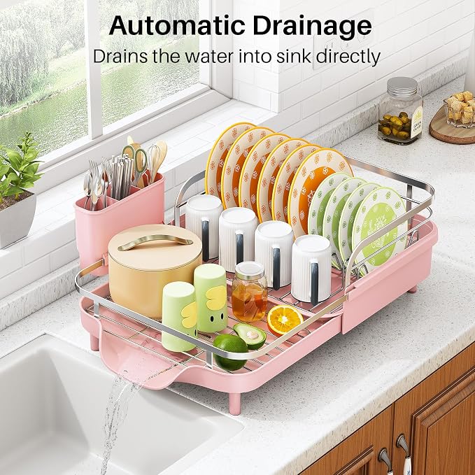 SAYZH Expandable Dish Drying Rack for Small Kitchen Counter, Pink | Stainless Steel, Protective Guardrail, Angled Drainboard, Fits High-Rim Sinks, Removable Utensil Holder
