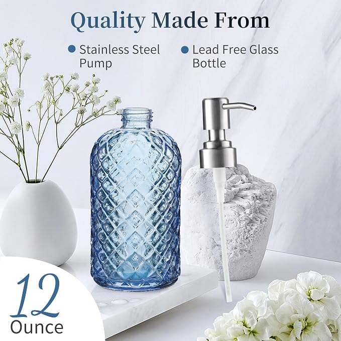 Kaishun Refillable Glass Soap Dispenser (2PC) for Hand Soap & Lotion, Blue