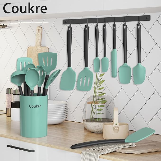 Coukre Silicone Kitchen Cooking Utensils Set, Heat Resistant, 14-Piece | Dishwasher-Safe, Food-Grade Silicone, BPA-Free, Spatulas, Spoons & Turner, Safe for Nonstick Cookware, AquaGreen