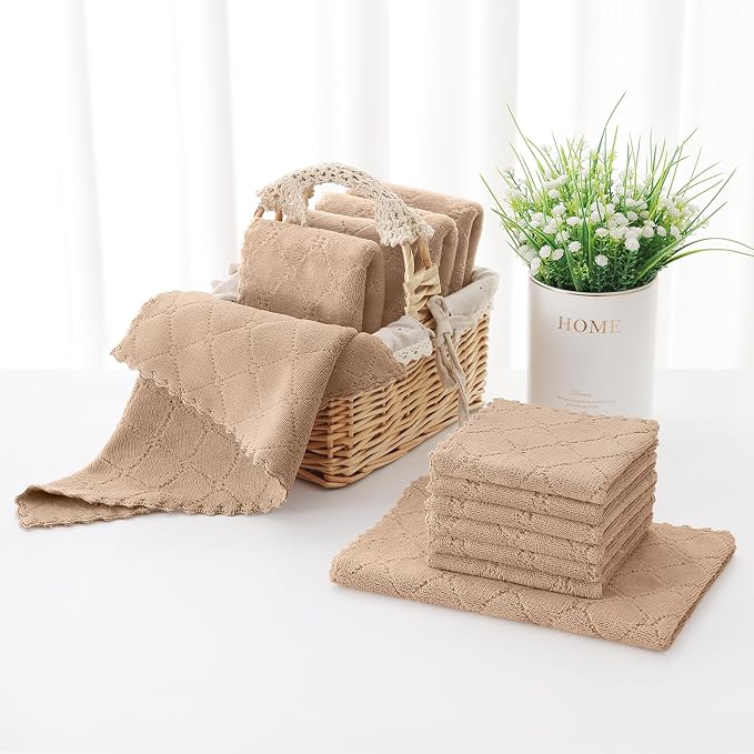 Homaxy Super Soft 12 Pack Kitchen Towels and Dishcloths Set, Tan | Ultra-Absorbent, 10 x 10 and 13 x 19 Inches, Coral Velvet, No Lint, Nonstick Oil, Fast Drying, Microfiber Cleaning Cloth