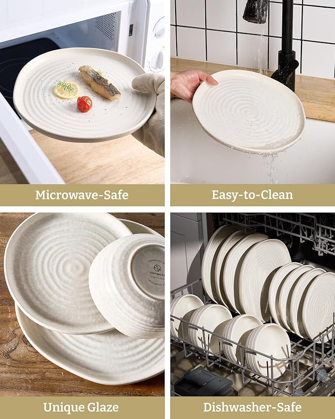 Famiware Pluto 12-Piece Stoneware Dinnerware Set, Matte Beige White | Double Reactive Glaze Plates and Bowls, Service for 4, Dishware Sets for Everyday & Formal Dining, Irregular Edge Dishes