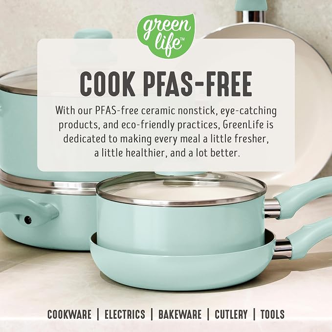GreenLife 2 Piece (8" & 10") Ceramic Nonstick Skillet Set, Mint Green | PFAS-Free Nonstick Coating, Frying Pans, Omelet Pans, Everyday Pan, Induction Ready, All Stovetop Compatible, Dishwasher Safe