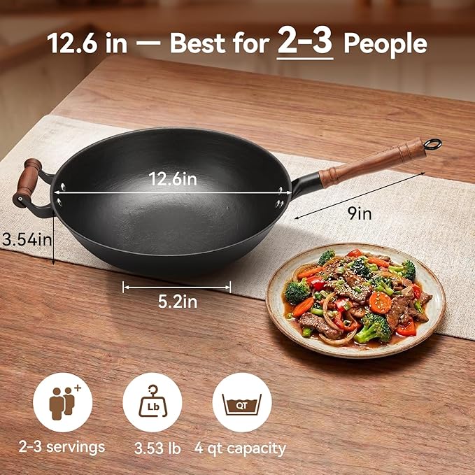 WANGYUANJI 12.6 Inch Cast Iron Wok Pan with Wood Lid, Uncoated Flat Bottom Chinese Stir Fry Pan, Heavy Duty Wok for Induction, Gas and Electric Stoves