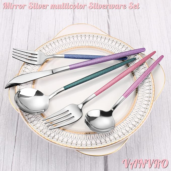 VANVRO Mirror Silver multicolor Silverware Set, 20-Piece Stainless Steel Flatware Set, Satin Finish tableware Cutlery Set, Service for 4, Home and Restaurant, Dishwasher Safe