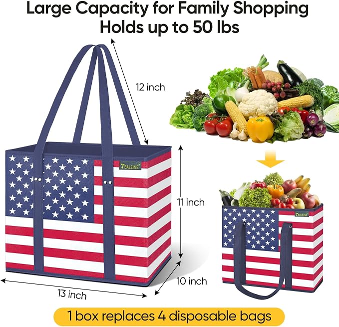 BALEINE 3PK Reusable Grocery Bags, Heavy Duty Shopping Tote Bag | 12'' Long Handles, Reinforced Bottom Keeps Upright, Fold Flat Storage, Water-Resistant Shopping Bag, Multiple Color Options