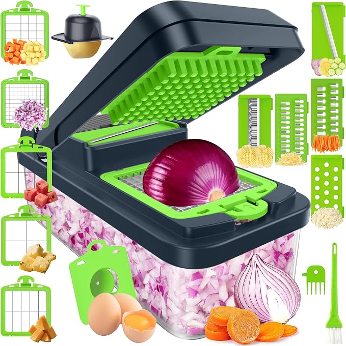 MealHelper 15-in-1 Vegetable Chopper, Food Veggie Chopper With Container | Kitchen Prep Tool, Cheese Grater, Home Essentials & Kitchen Gadgets, with Sharp Stainless Steel Blades(10 Blades, Green)