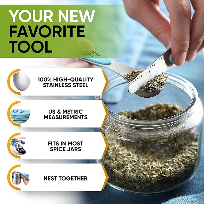 Spring Chef Magnetic Measuring Cups & Spoons Set of 15, Patented, Aqua Sky | Stackable Stainless Steel Measuring Cups & Heavy Duty Metal Measuring Spoons with Levelers for Dry & Liquid Ingredients
