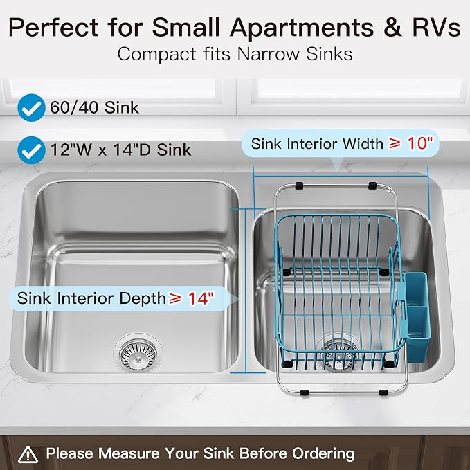 JASIWAY Blue Dish Drying Rack in Sink with Utensil Holder, RV, Apartment | Over Sink Expandable Stainless Steel Dish Drainers for Compact Kitchen, Space Saving, Fast Drain, Rustproof, For 1-2 people