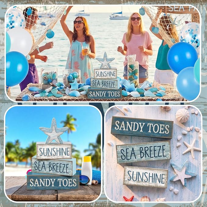 Lineshading 4 Pcs Wooden Starfish Summer Coastal Table Block Signs | Stackable Tiered Tray Decor, Beach Home Accents with Distressed Wood Finish, Nautical Starfish Topper for Coastal Shelves